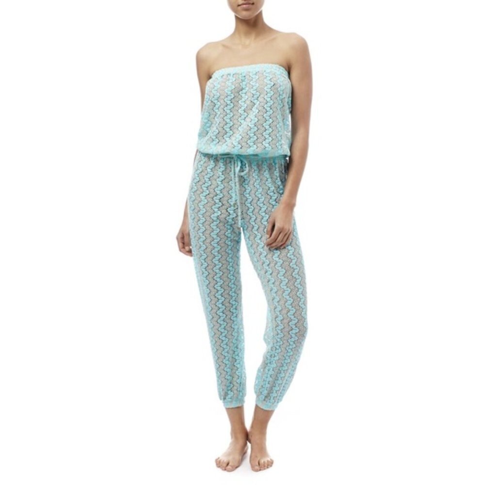 MELISSA ODABASH STELLA BANDEAU JUMPSUIT SKY BLUE KNIT L - Picture 3 of 8